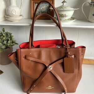 Coach Tan Leather Tote with Red Interior